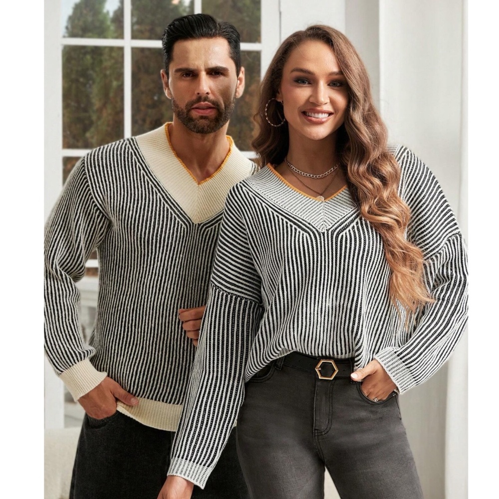 Oversized Rib Knit Striped V-Neck Black Gray Pullover Sweater - Picture 8 of 8